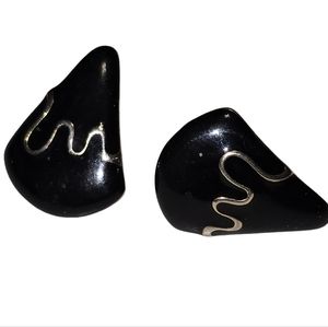 Vintage Triangle Squiggly Gold Tone Black Enamel Earrings19